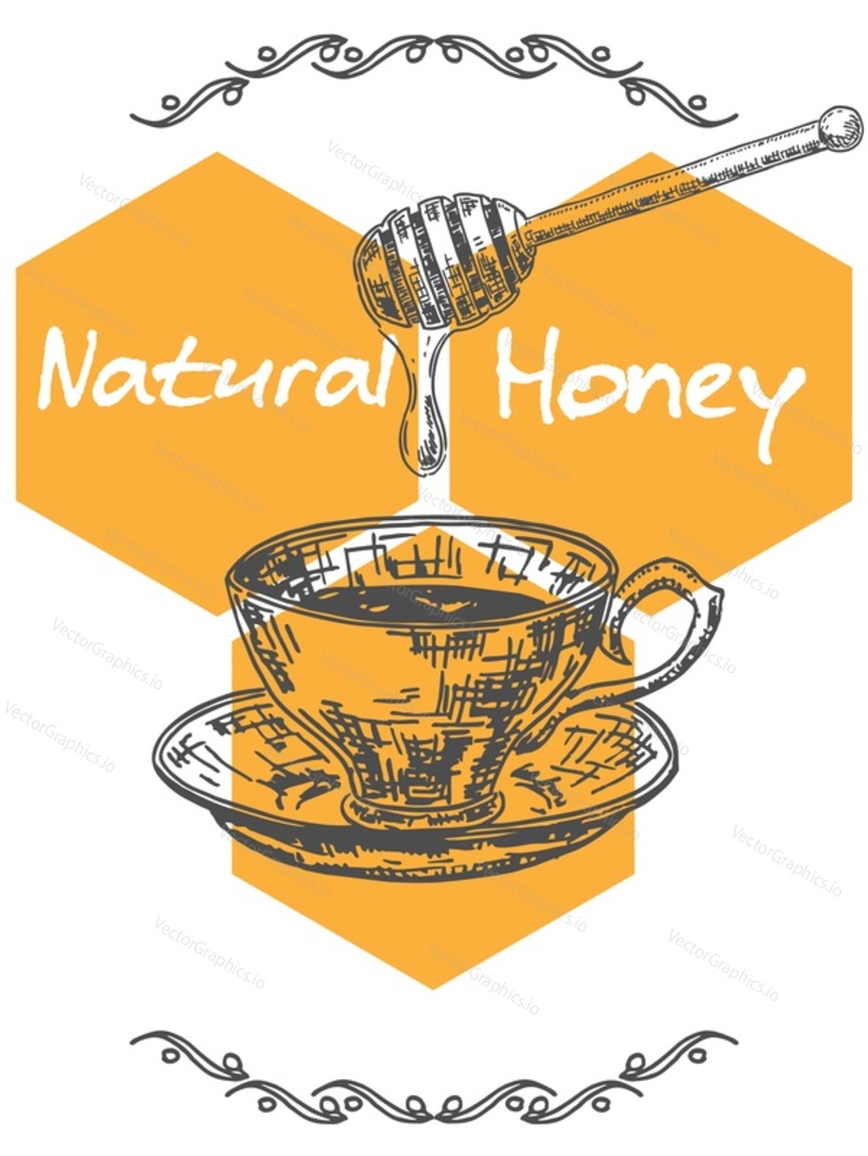 Вектор дизайна этикетки для упаковки натурального пчелиного меда. Продовольственный плакат с иллюстрацией чашки чая или кофе с ложкой, наливающей сладкий сироп. Полезный нектар из рекламы фермы пчеловода