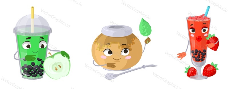 Bubble tea drink cute emoji vector set. Fruit drink cocktail emoticon illustration. Apple, strawberry and mint beverage sticker icon isolated on white background. Funny faces mascot