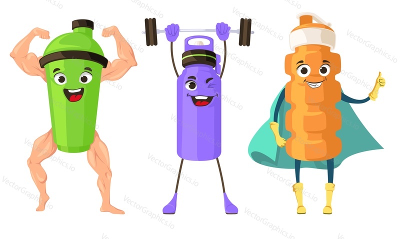 Sports bottle funny cartoon emoticon vector set. Comic flask shaker cap bodybuilder, weightlifter and super hero illustration isolated on white background. Kawaii cartoon character