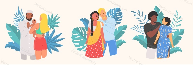 Межрасовая пара обнимает плоский векторный набор. Иллюстрация молодого мужчины и женщины, любящих друг друга. Счастливая многонациональная семья с детьми, изолированными на белом фоне
