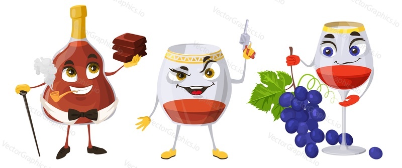 Wine and cognac kawaii character flat vector. Cartoon funny drink character for comic restaurant menu. Humor face of alcohol beverage isolated on white background