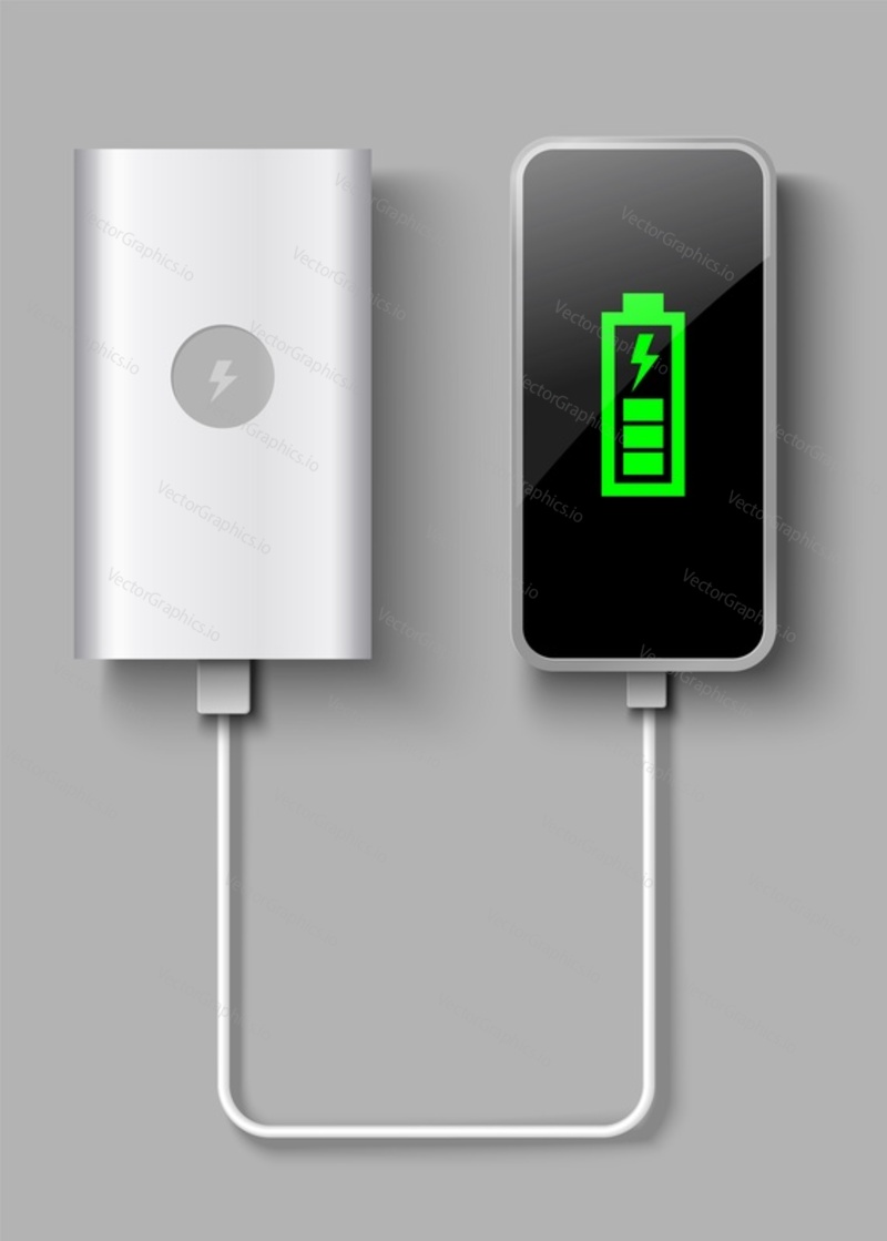 Вектор Powerbank. Реалистичное портативное зарядное устройство для мобильных устройств. 3d-макет батареи с USB-кабелем, изолированным на сером фоне. Иллюстрация зарядки телефона с помощью внешнего шнура