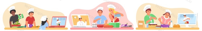 Набор векторных сцен онлайн-кулинарного класса для детей. Дети готовят еду, наблюдая за иллюстрацией образовательного канала блоггера master chef, изолированной на белом фоне