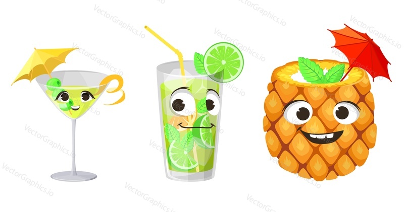Exotic cocktail mascot cartoon face vector set. Funky character with juicy alcoholic or non-alcoholic beverage illustration. Anthropomorphic drink character isolated on white background