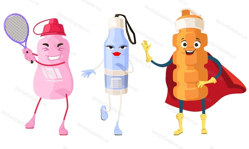 Sport water bottles emoticon vector set. Funny happy flask shaker cap illustration isolated on white background. Kawaii energy food cartoon. Sportive nutrient and supplement mascot