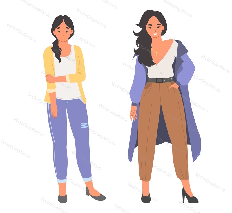 Woman fashion look vector. Female character restyling illustration. Trendy outfit for young people. Attractive girl dressed casual stylish clothes portrait