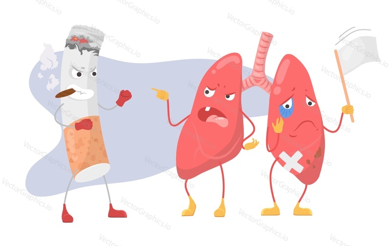 Cigarette and human lung quarrelling flat vector isolated on white background. No smoking and World No Tobacco Day concept. Healthy and unhealthy organ design illustration
