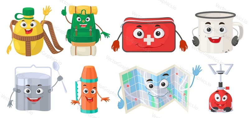 Camping paraphernalia vector set. Cute cartoon character isolated on white background. Backpack, water bottle, first aid bag, mug, kettle, thermos, map, gas burner mascot illustration