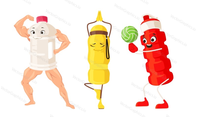 Fitness water bottle emoticon flat vector set. Funny shaker bodybuilder, yogi, soccer player illustration isolated on white background. Kawaii cartoon character