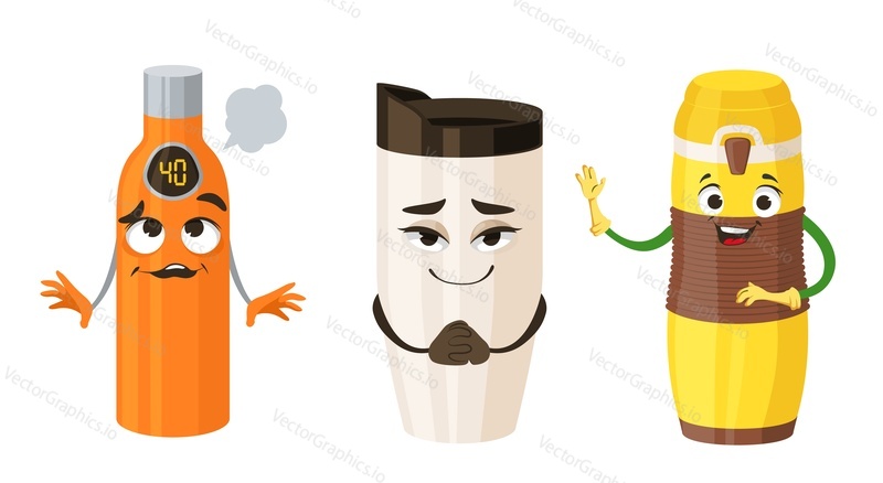 Thermos cartoon character flat vector set. Happy portable cup illustration. Kawaii reusable flask with different emotion isolated on white background