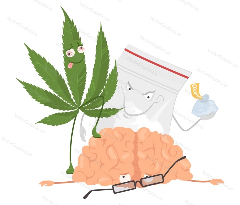 Cannabis cocaine drug effect on human brain vector. Bad habits illustration. Narcotic addiction, neurology and people health concept