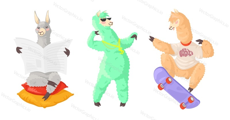 Cool lamas alpacas character flat vector. Funny hipster animal mascot set isolated on white background. Funky furry creature skateboarding, reading newspaper, rapping cartoon