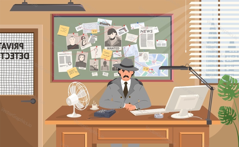 Serious private detective at office workspace vector. Cartoon investigator sitting at table desk illustration. Searching evidences concept