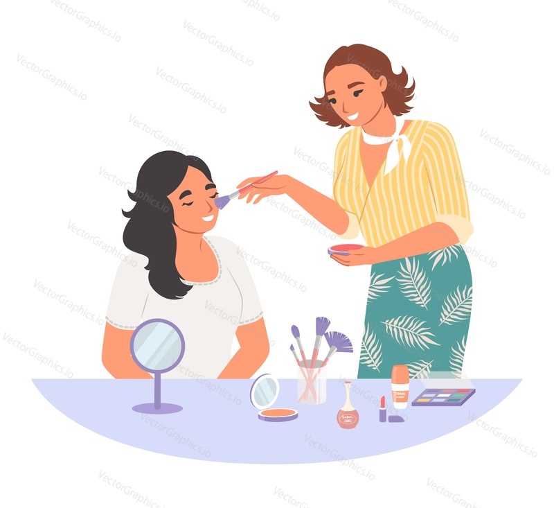 Makeup salon with artist stylist and client vector illustration. Mirror, furniture and cosmetic spray. Woman making make up to girl, giving consultation. Beauty and fashion concept