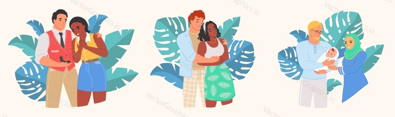 Multiracial couple vector. International people family flat scene. Happy young man and woman hug illustration. Multinational male and female married pair portrait. Relationship and bonding
