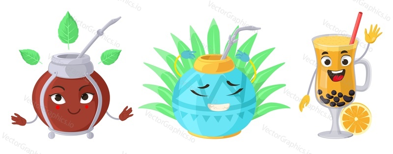 Кавайный чай с пузырьками, милый векторный набор эмодзи. Смайлик напитка с мятой, кактусом и апельсином, выделенный на белом фоне. Забавная иллюстрация пищевого талисмана emoji