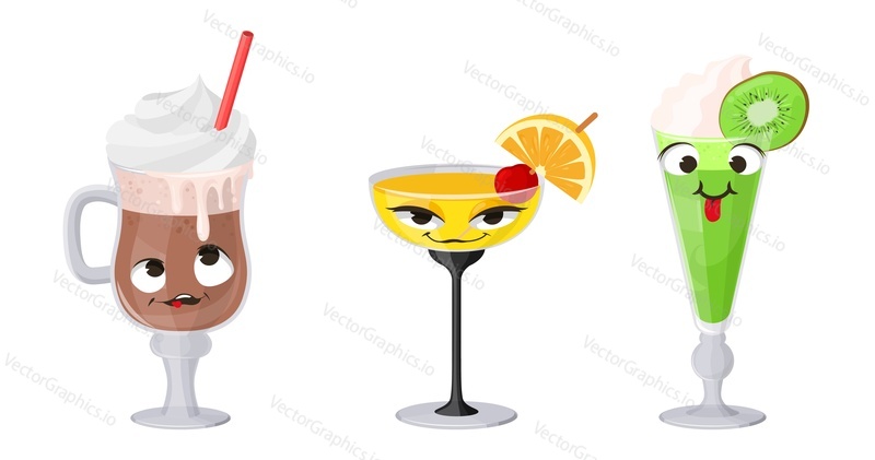 Плоский векторный набор символов коктейля с тропическим напитком. Симпатичный персонаж алкогольного напитка в стеклянном значке, изолированном на белом фоне. Забавное счастливое лицо мультяшного персонажа из алкогольной сладкой жидкости