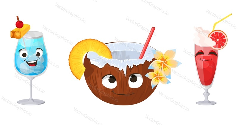 Funny tropical cocktail flat vector face set. Cute pina colada, coconut, grapefruit cocktail kawaii cartoon character illustration. Exotic drinks emoticon isolated on white background