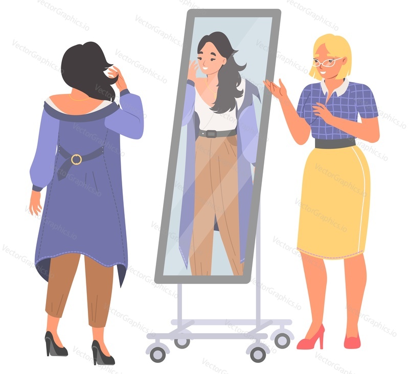 Fashion stylist working with client vector. Female consultant help woman to choose clothes apparel, new trendy outfit and personal style illustration. Shopping and tailoring workspace