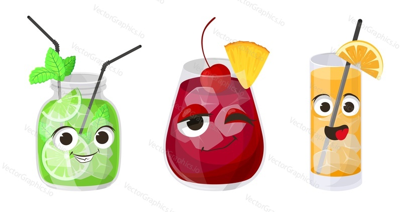 Tropical fruit cocktail cartoon face flat vector set. Kawaii cartoon character illustration. Exotic drink in glass with straw and piece of pineapple, orange and mint leaves isolated on white