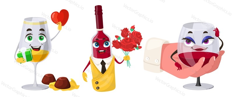 Wine and cognac romantic character vector set. Cartoon funny drink in bottle and glass. Kawaii alcohol beverage with flower bouquet and candy isolated on white background