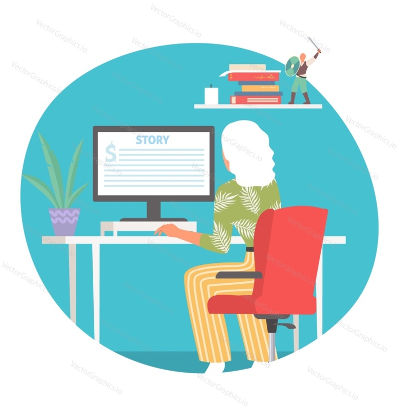 Woman writing storytelling scenario at home office vector. Copywriter freelancer working on computer at workplace illustration. Creative writer business person at freelance workspace