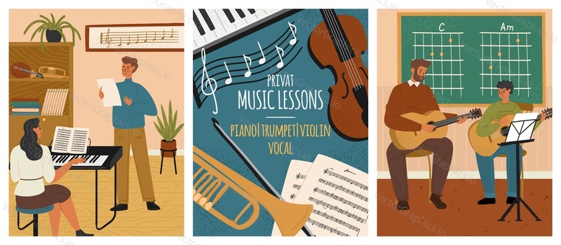 Private music lesson class vector set. Adult people and young children learning vocal or guitar playing with tutor illustration. Piano, trumpet, vocal, violin and guitar master-class art studio