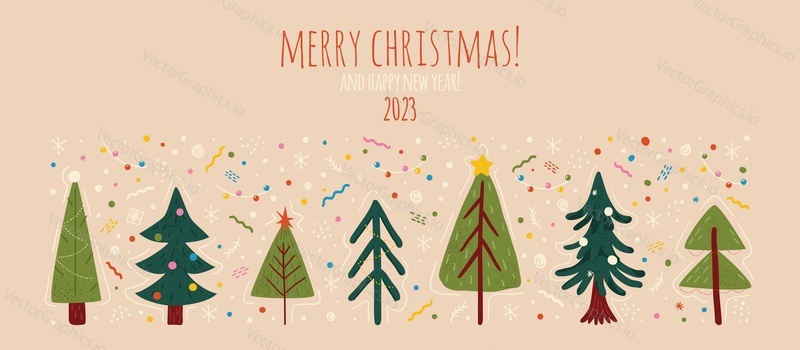 Merry christmas and happy new year background template and banner. Winter holiday vector illustration in vintage style. Christmas tree and toys. 2023 new year hand drawn card.