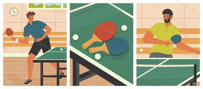 Набор векторных спортивных плакатов для настольного тенниса. Два человека играют в настольный теннис. Мячи и ракетки на столе для пинг-понга. Иллюстрация спортивной концепции.