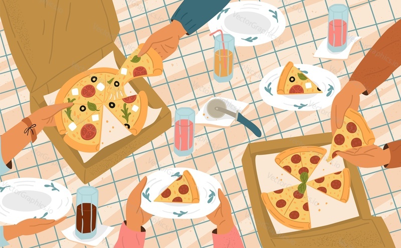 Friends eating pizza at restaurant vector illustration. Peoples hands grabbing slice of Italian fast food from cardboard boxes. Male and female enjoying delicious meal and drinks