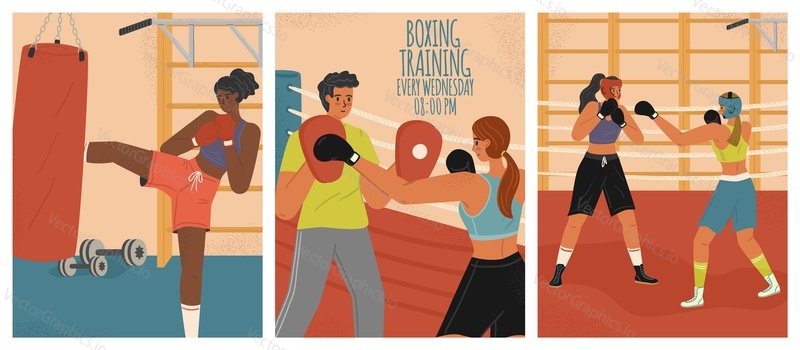 Female boxers fighting and training in a gym. Woman kick boxing sport posters vector set. Black woman kicking bag in boxing club. Girls punch each other. Woman training with a coach.