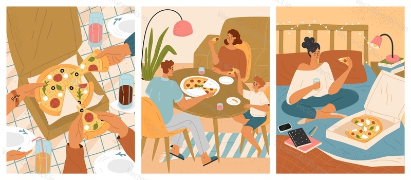 People eating pizza vector scene set. Happy friends, family and lonely woman enjoying fastfood at home or restaurant illustration. Leisure time and delicious flavorful dishes for dinner