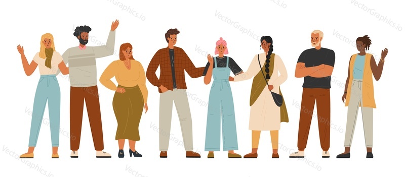 Разнообразная группа людей, изолированных на белом фоне, векторная иллюстрация. Люди разных рас и наций, мужчины и женщины, стоящие вместе. Многонациональное и многокультурное сообщество.