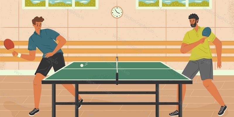 Спортивная векторная иллюстрация настольного тенниса. Два человека играют в настольный теннис. Спортивная концепция. Крытый корт для игры в настольный теннис.