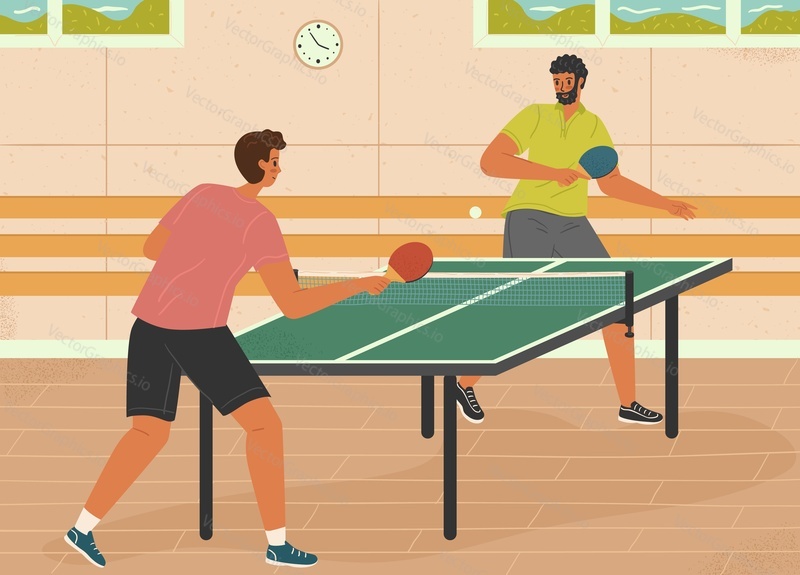 Два человека играют в настольный теннис. Спортивная векторная иллюстрация настольного тенниса. Крытый корт для игры в настольный теннис.