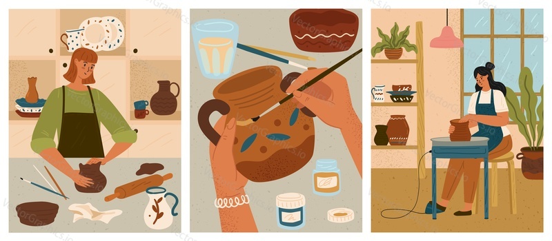 Ceramic classes vector illustration. People making clay pots, painting crockery at studio workshop. Handcrafted earthenware creation hobby and master-class