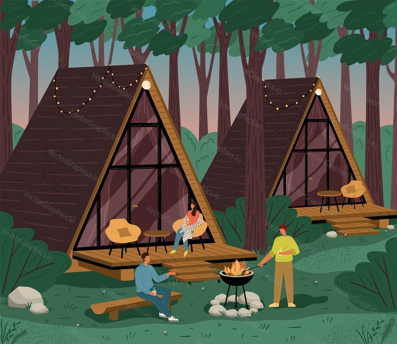 Glamping and camping in nature, vector poster with A-frame house. Luxury aframe house for recreation outdoors. Travel ourdoor and adventure concept.