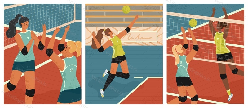Волейболистки в действии, набор векторных плакатов. Женская волейбольная команда играет в турнире. Девушка атакует и подает мяч.