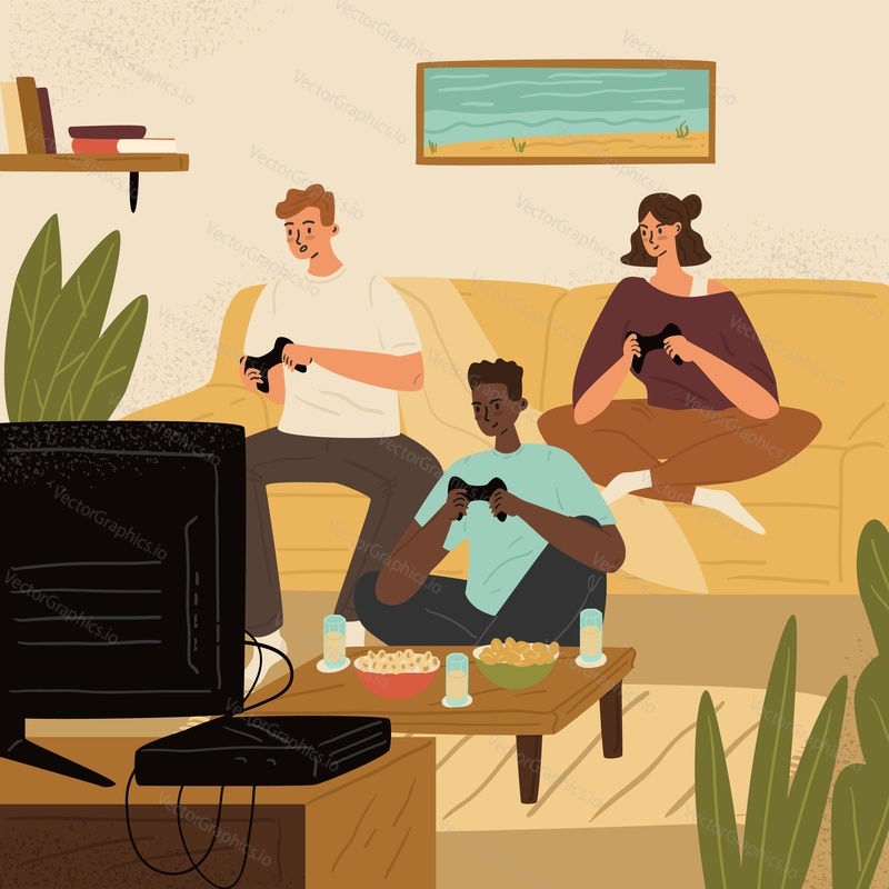 Friends playing video game with snack and drinks at home vector illustration. Group of young people having fun and gaming activity together during rest on weekend