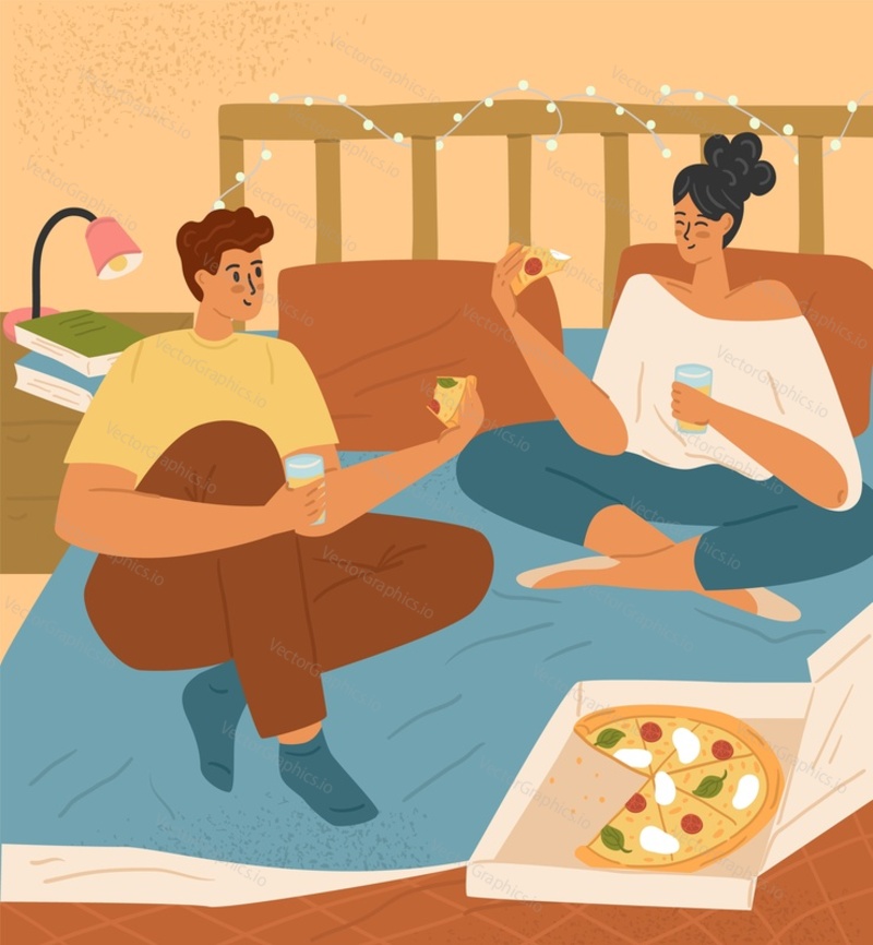 Happy couple eating pizza on bed at home apartment vector illustration. Young family dining in bedroom enjoying delicious fast food snack ordered online