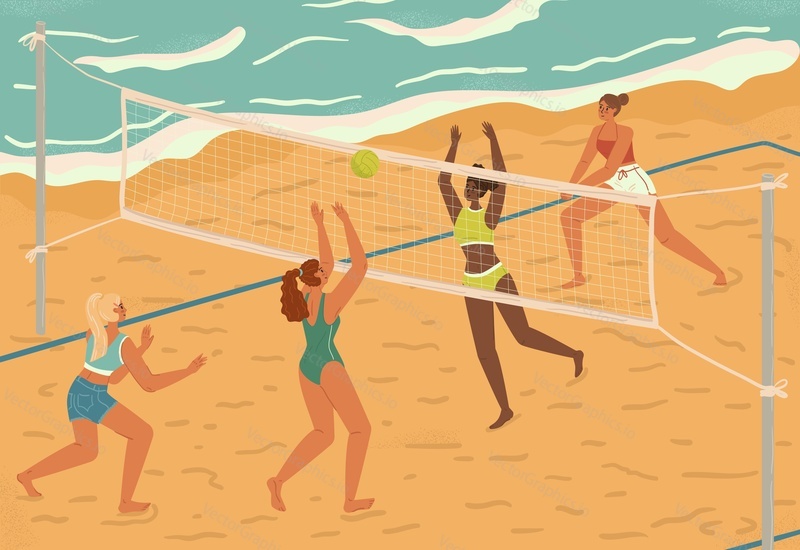 Женщины-игроки в пляжный волейбол в действии векторный плакат. Женская волейбольная команда играет в турнире на пляже. Девушка атакует и подает мяч.