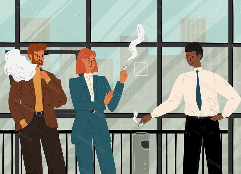 Business people smoke in office smoking area. Smoking concept vector illustration.