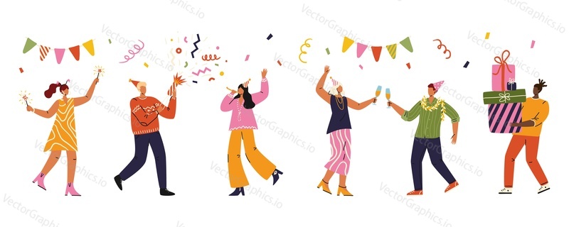 Happy people celebrating holiday with confetti, champagne and gifts. Isolated characters vector set. Man and woman having fun with friends celebrate birthday. New year and christmas party.