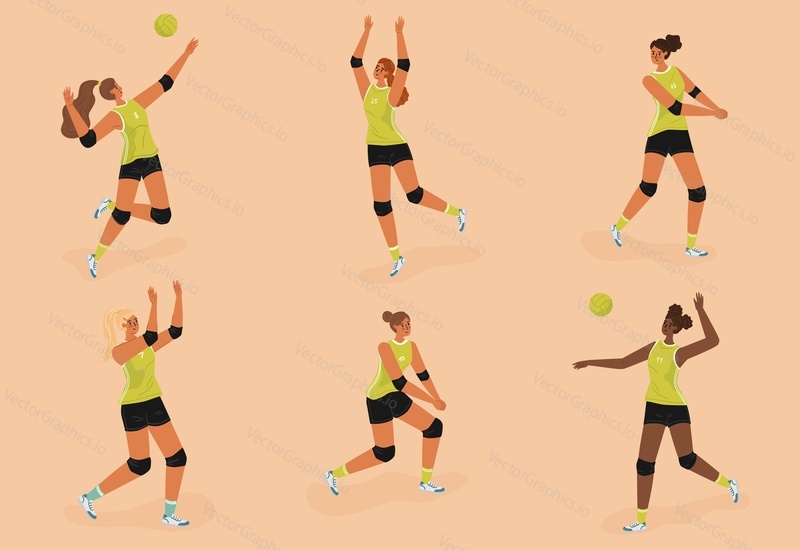 Volleyball female players in action vector set. Women volleyball athlete silhouette. Girl attack and serve the ball, jump, block pose.