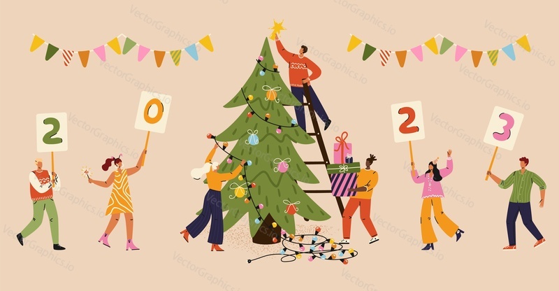 Счастливые люди празднуют праздник и украшают рождественскую елку. Мужчина и женщина празднуют и веселятся с друзьями. Новогодняя и рождественская вечеринка. Векторный баннер.