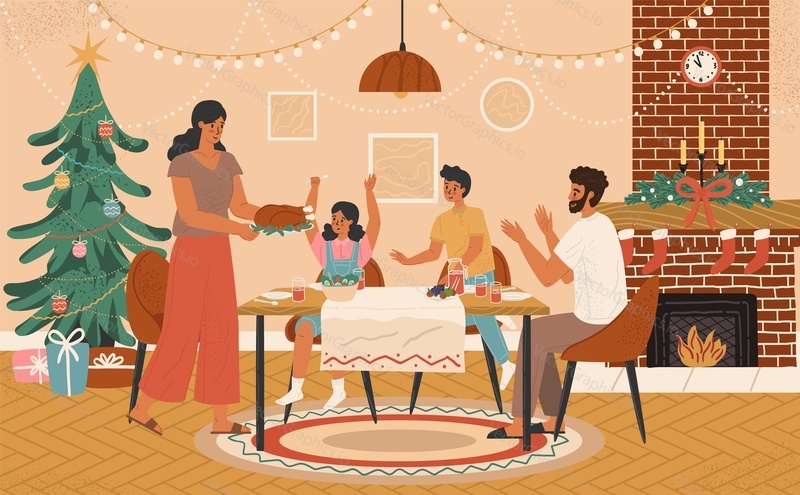 Семейный рождественский ужин дома, векторная иллюстрация. Люди сидят за празднично сервированным украшенным столом. Веселая вечеринка по случаю празднования Рождества и Нового года.