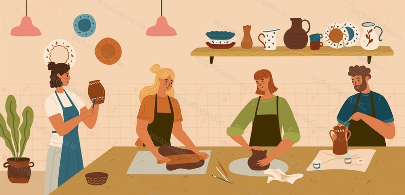 Мужчины и женщины изготавливают керамические кувшины и горшки в гончарной мастерской. Люди наслаждаются своим ремесленным хобби. Векторная иллюстрация мастерской по изготовлению изделий из глины.