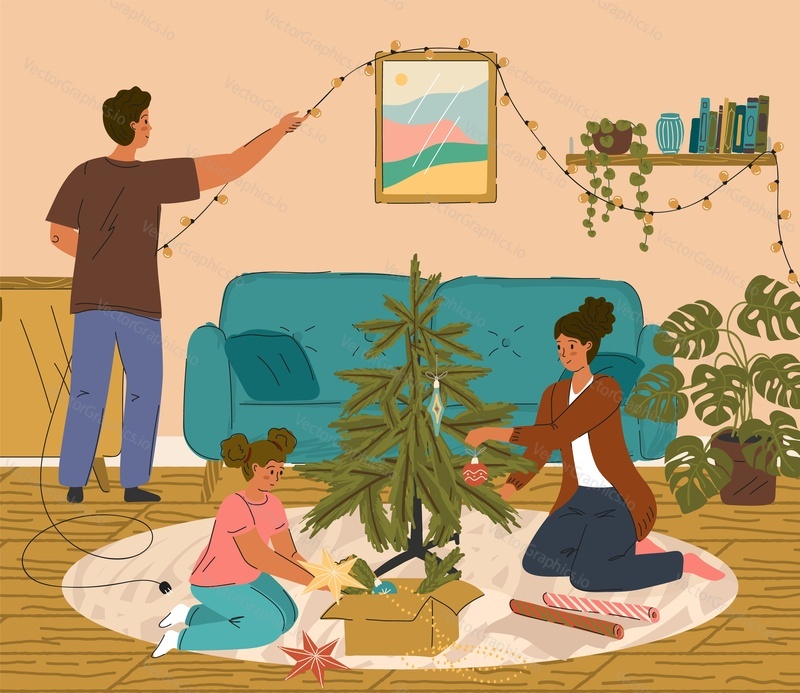 Счастливая семья украшает рождественскую елку дома векторной иллюстрацией. Родители с малышом готовят дом к праздничному сезону. Семья празднует зимние праздники и Рождество дома. Оформленный интерьер дома.