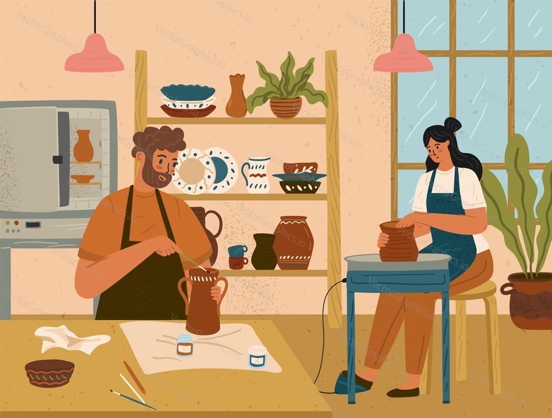 Clay handicraft workshop vector illustration. Men and women making ceramic jugs and pots at pottery workshop. People enjoying their craft hobby. Ceramic oven, klin, pottery wheel.