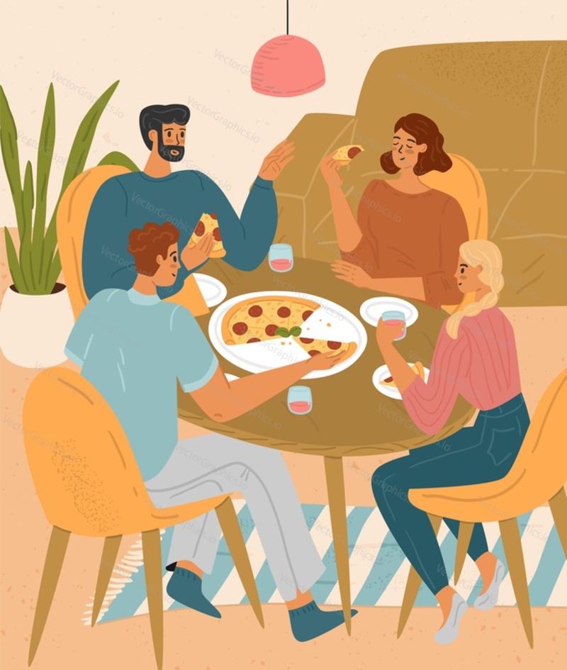 Happy friends eating pizza together sitting at table in pizzeria vector illustration. Guys couple enjoying fast food and relaxing at restaurant having lunch and nice conversation